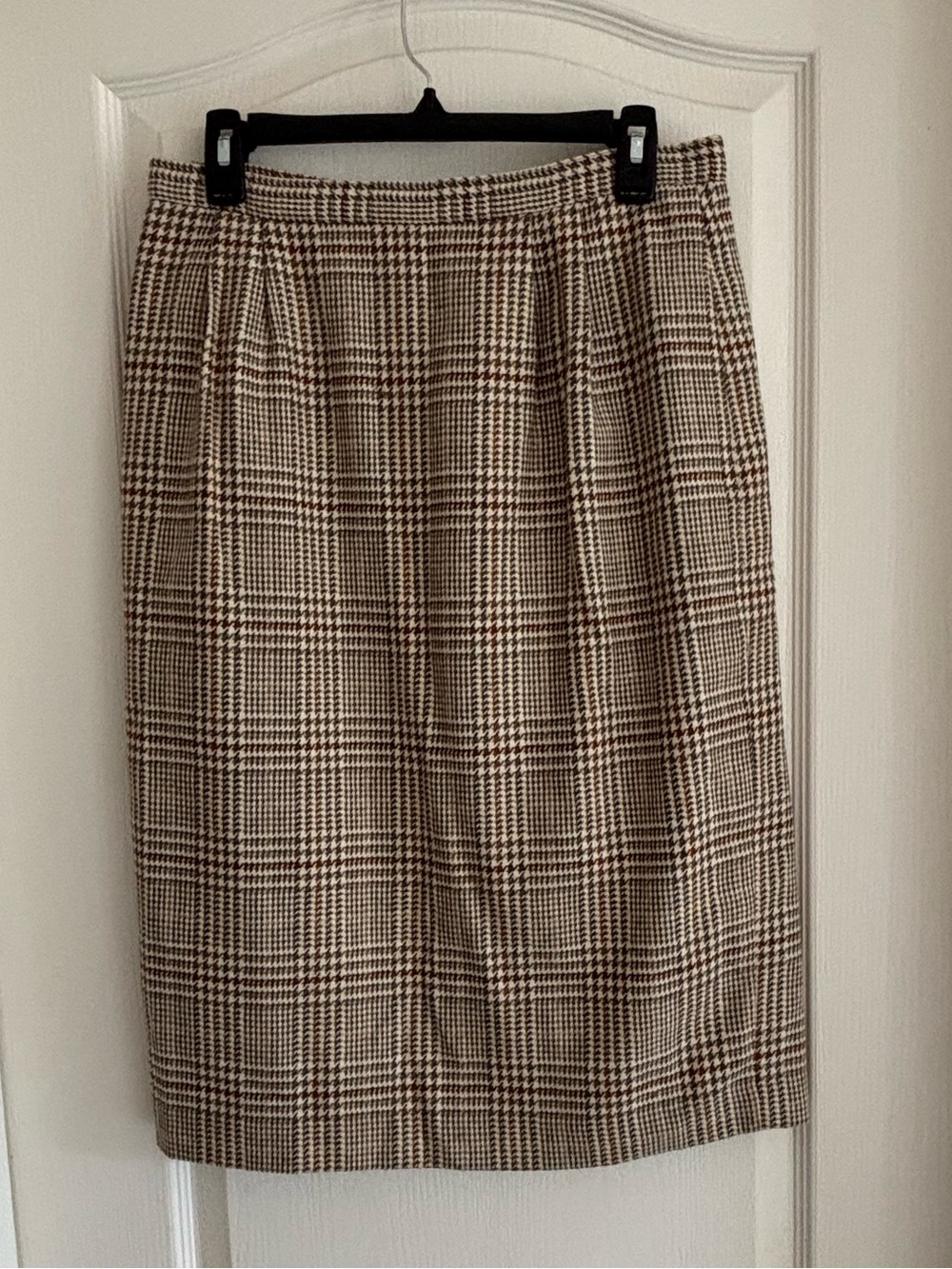 Vintage sz 12 wool blend midi skirt ivory neutrals glen plaid light academia